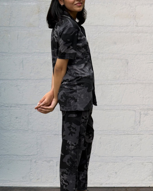 Co-Ord PJ Set – Camouflage Button-Down Shirt with Collar, Loungewear for Women in Pakistan