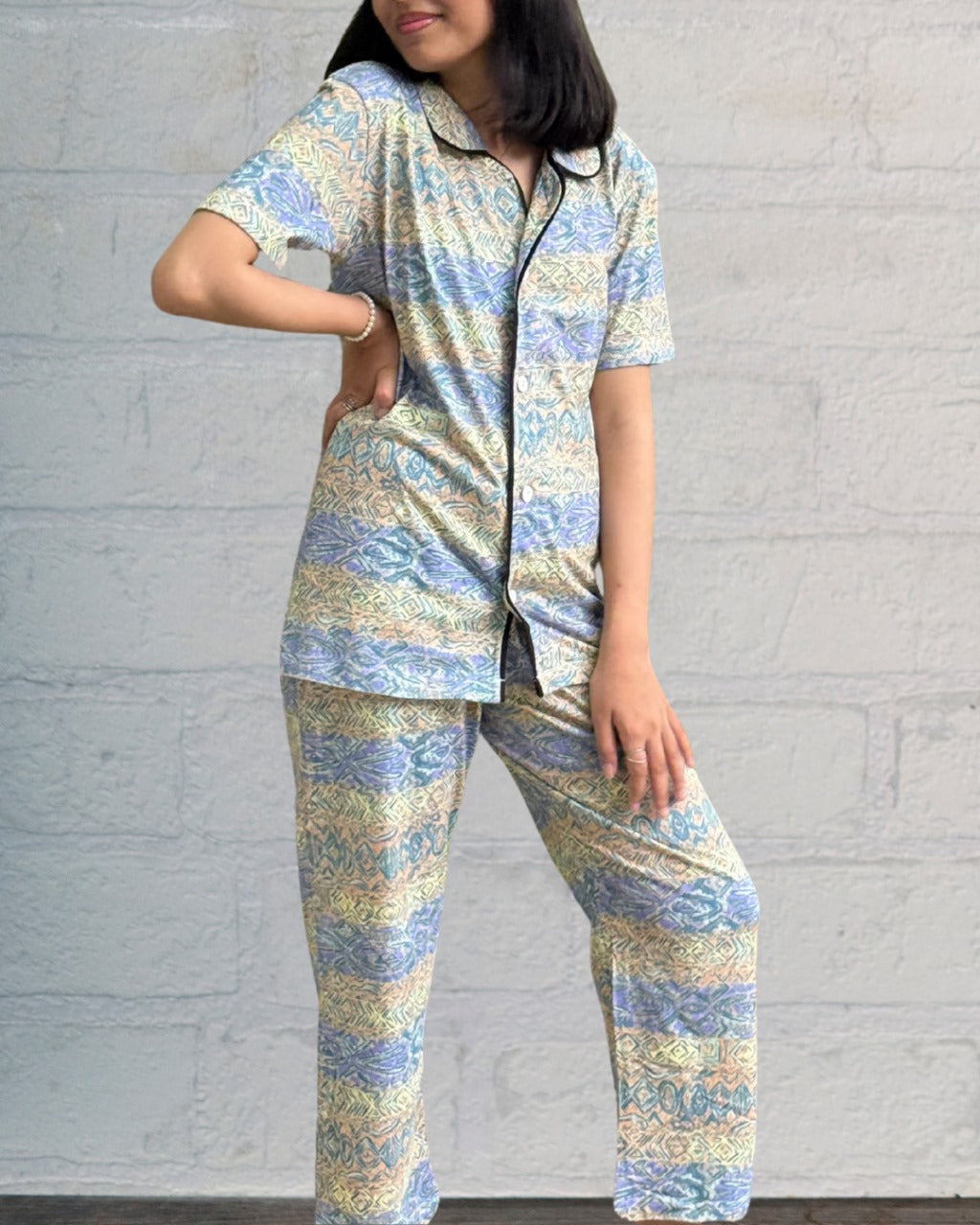 Co-Ord PJ Set - Stripped Pattern Button-down Shirt with Collar, Loungewear for Women in Pakistan
