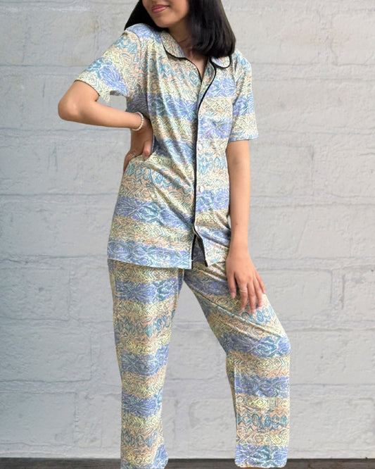 Co-Ord PJ Set - Stripped Pattern Button-down Shirt with Collar, Loungewear for Women in Pakistan
