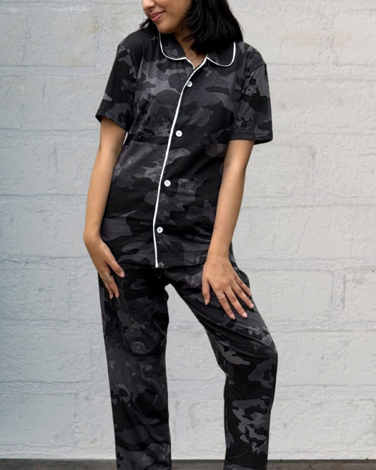 Co-Ord PJ Set – Camouflage Button-Down Shirt with Collar, Loungewear for Women in Pakistan