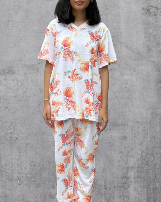 Tropical Printed T-Shirt & Pajama Set – Floral Cotton Loungewear for Women in Pakistan, Summer Comfort